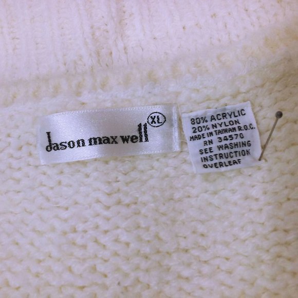 Vintage 80s Jason Maxwell Knit Cardigan -XL Lacey Zig-Zag Buttons-up Cream Vneck - Picture 7 of 7